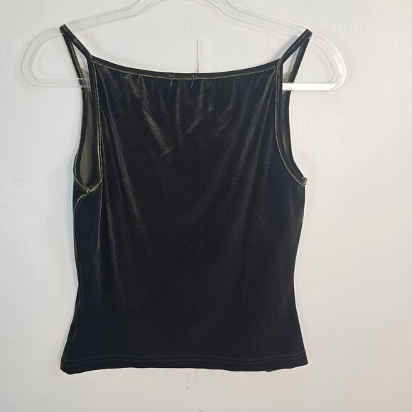Y2K 90s XOXO Velvet Ruffle Trim Floral Embroidered Tank Top L Dark Green - Picture 2 of 7